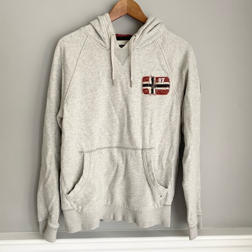 Napapijri Womens Size Large Grey Pullover Hooded Patchwork Sweatshirt